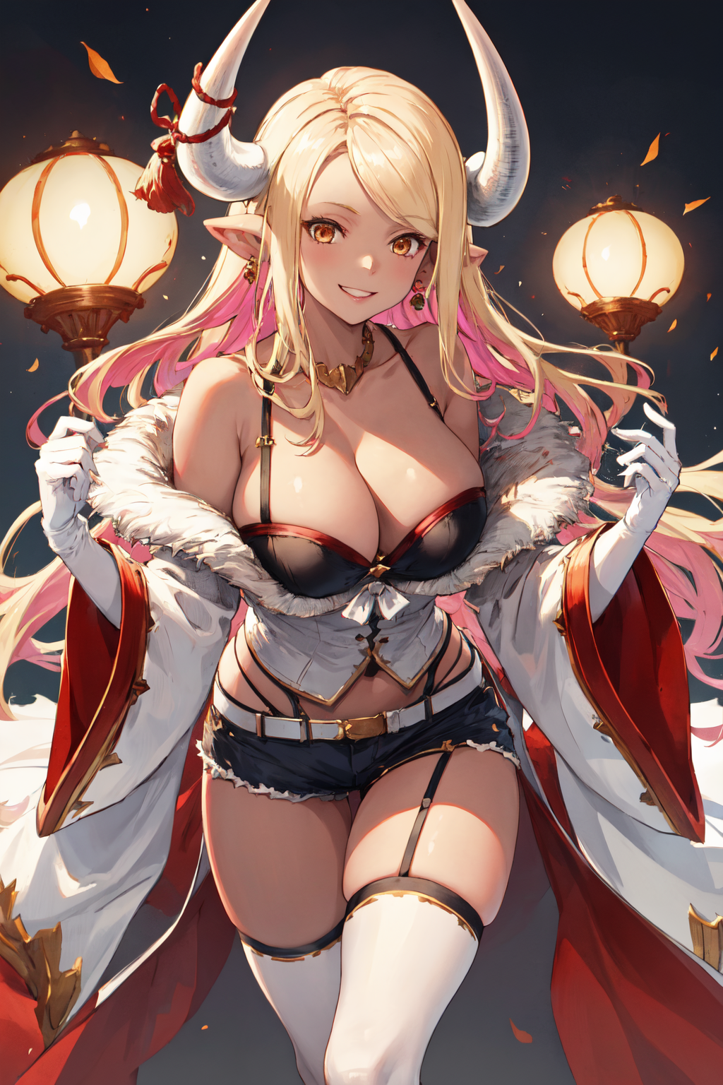 masterpiece, (detailed, highres, best quality), 1girl, <lora:spgbfKumbhira-10:1> kumbhiradef, horn ribbon, earrings, necklace, white gloves, cleavage, white jacket, fur trim, wide sleeves, short shorts, highleg panties, white thighhighs, smile, face focus