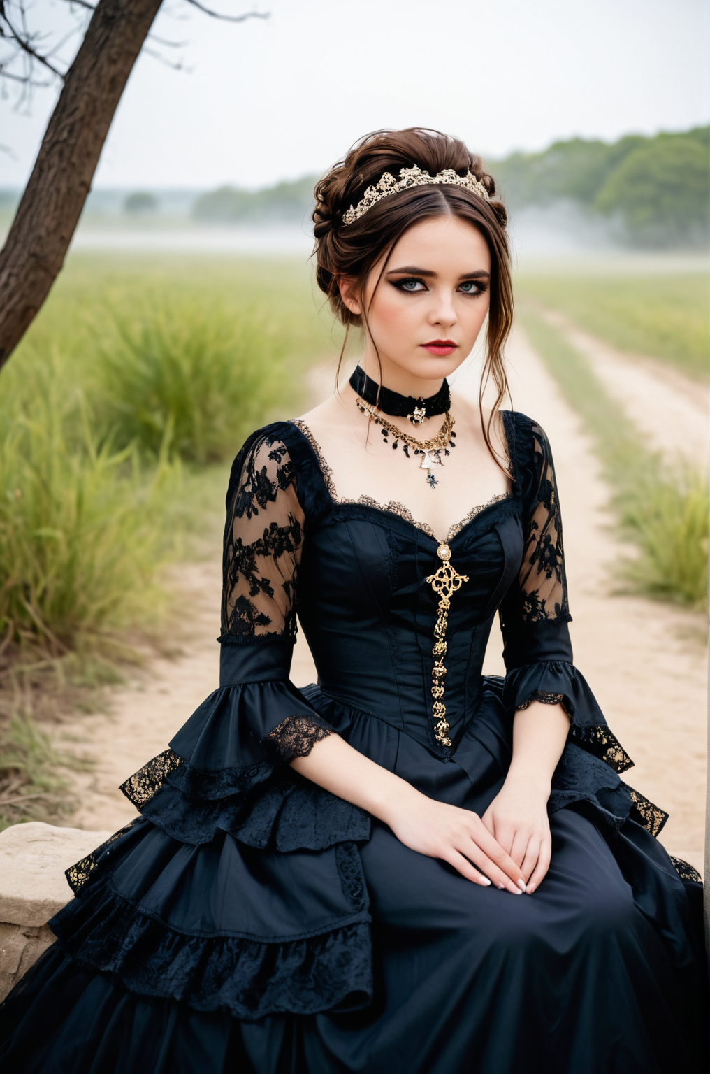 breathtaking an individual seated in a natural, open setting, with mist or fog adding a mysterious ambiance. The person is dressed in an elaborate gothic style gown with multiple layers of lace and ruffles, which suggests a Victorian influence. The dark color palette of the attire is consistent with gothic fashion, emphasizing the somber and romantic themes often associated with the subculture. The individual's hair is styled in a tousled manner, with hints of color that may indicate a rebellious or personal twist to the traditional gothic look. They are adorned with ornate jewelry, including a necklace with a prominent pendant that serves as a focal point against the dark fabric of the dress. The person's pose and distant gaze evoke a contemplative or melancholic mood, which is complemented by the bleak and desolate landscape. The stark contrast between the intricate details of the clothing and the simplicity of the natural surroundings emphasizes the solitude and introspective state of the individual. The overall composition of the image, from the fashion to the setting, creates a narrative that invites the viewer to ponder the story behind the subject's presence in this eerie environment.  <lora:S4ndr4_nm_4:0.75> S4ndr4 . award-winning, professional, highly detailed