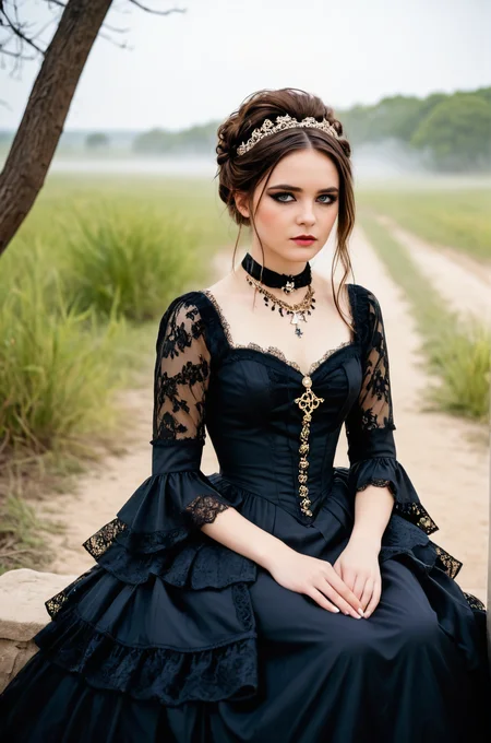 breathtaking an individual seated in a natural, open setting, with mist or fog adding a mysterious ambiance. The person is dressed in an elaborate gothic style gown with multiple layers of lace and ruffles, which suggests a Victorian influence. The dark color palette of the attire is consistent with gothic fashion, emphasizing the somber and romantic themes often associated with the subculture. The individual's hair is styled in a tousled manner, with hints of color that may indicate a rebellious or personal twist to the traditional gothic look. They are adorned with ornate jewelry, including a necklace with a prominent pendant that serves as a focal point against the dark fabric of the dress. The person's pose and distant gaze evoke a contemplative or melancholic mood, which is complemented by the bleak and desolate landscape. The stark contrast between the intricate details of the clothing and the simplicity of the natural surroundings emphasizes the solitude and introspective state of the individual. The overall composition of the image, from the fashion to the setting, creates a narrative that invites the viewer to ponder the story behind the subject's presence in this eerie environment.  <lora:S4ndr4_nm_4:0.75> S4ndr4 . award-winning, professional, highly detailed