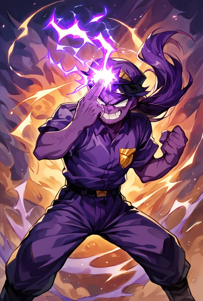 score_9, score_8_up, score_7_up,,  good quality ,, character focus, solo,, best quality , detailed background,  <lora:vincent-08:1> vincent, purple hat, purple uniform, 1boy, smile, grin, purple skin, purple hair, ponytail,   <lora:makankosappo charge:1> makankosappo charge, finger on forehead, energy on finger, electricity, aura, fighting stance