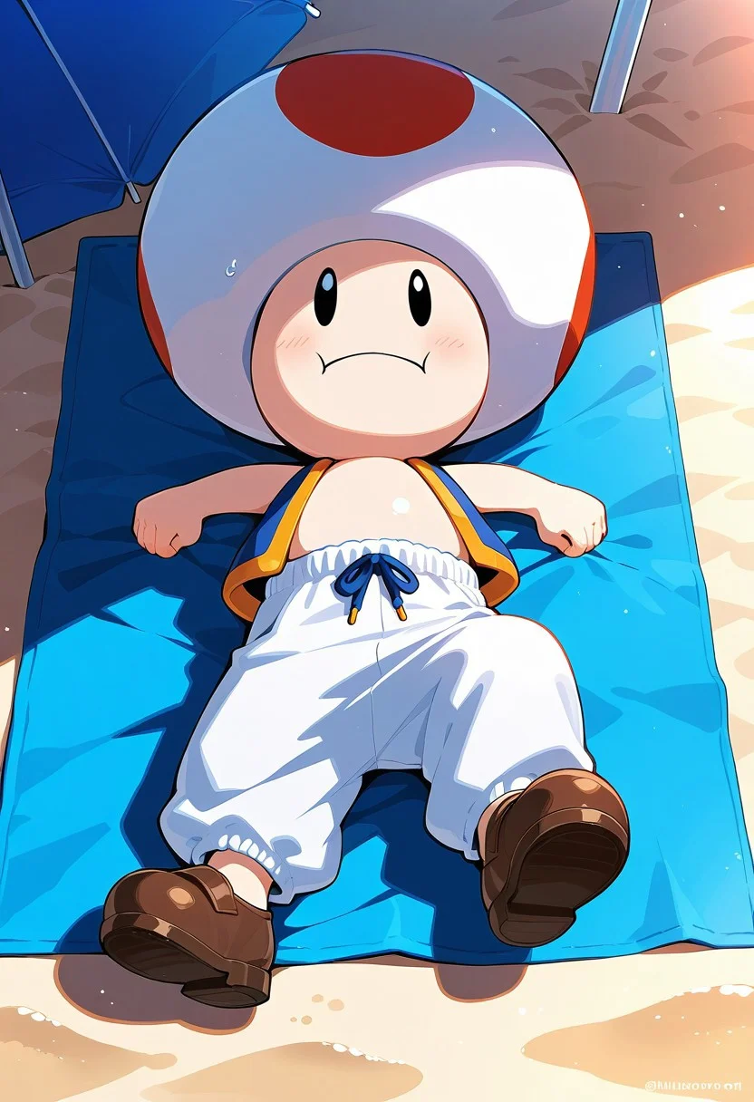 score_9, score_8_up, score_7_up, masterpiece, best quality, amazing quality, ToadCharacter, 1boy, solo, mushroomhat, black eyes, vest, white pants, brown shoes, laying, beach, towel
