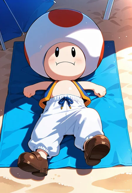 score_9, score_8_up, score_7_up, masterpiece, best quality, amazing quality, ToadCharacter, 1boy, solo, mushroomhat, black eyes, vest, white pants, brown shoes, laying, beach, towel