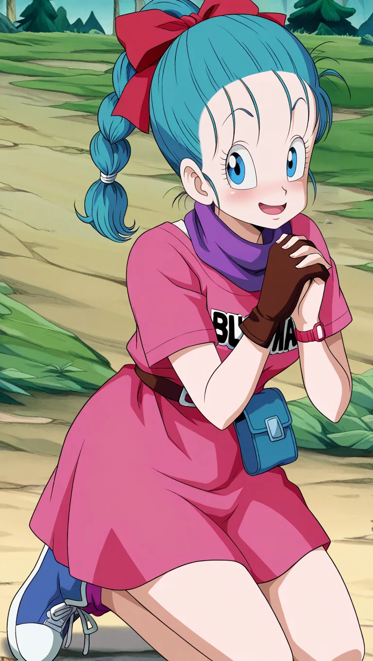 source_anime, masterpiece, best quality, amazing quality, anime screencap, high quality, 8k, absurdres, official style, 1girl, solo, looking at viewer, hands clasped together, open mouth smile, excited,<lora:Bulma_OG_iL:0.8>, 8u1m4 og, blue eyes, blue hair, ep 1 outfit, ponytail, braided ponytail, single braid, pink dress, single glove, brown gloves, hair ribbon, clothes writing, shoes, belt, scarf, purple scarf, sneakers, watch, wristwatch,