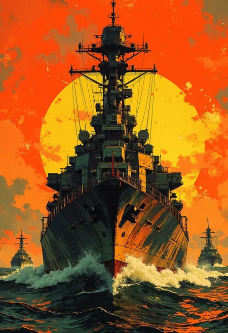 Japanese warship of the 90s, moving on rough waves, with high masts and massive structure. In the background is a blazing orange sky, sunset. Behind can be seen other ships moving away in the distance.