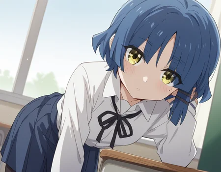 score_9, score_8_up, score_7_up, source_anime,
ryouyamada, <lora:ryou-yamada-s1-ponyxl-lora-nochekaiser:1>,
ryou yamada, blue hair, eyes visible through hair, mole, mole under eye, short hair, yellow eyes, hairclips,
black pantyhose, black ribbon, blue skirt, long sleeves, pantyhose, ribbon, school uniform, shimokitazawa high school uniform, shirt, skirt, white shirt,
indoors, classroom, bent over,
cowboy shot, solo, dutch angle, looking at viewer,