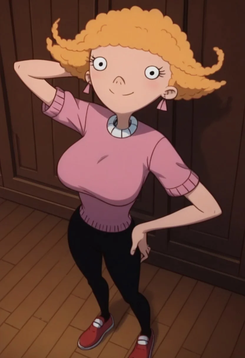 ((room background)),score_9, score_8_up, score_7_up,score_6_up, (detailed face and eyes:1)
1girl, Solo, SuzieK_HA, light skin, black eyes, blonde hair, medium fluffy hair, pink triangular earrings, pink short sleeve sweater with white collar, black tight pants, red flat shoes, cute, tall, social smile, perfect eyes, perfect smile, looking at the viewer, detailed eyes, perfect eyes, standing, big breasts (front pose, front view, full body shot, high angle view:1) five fingers, perfect hands, (one hand on hip, one hand behind head)