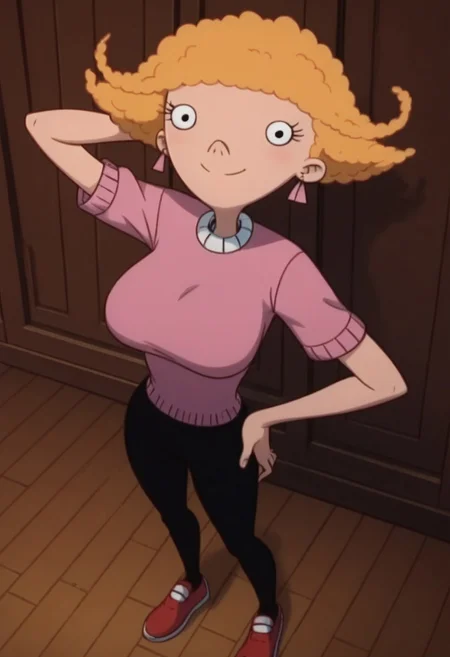 ((room background)),score_9, score_8_up, score_7_up,score_6_up, (detailed face and eyes:1) 
1girl, Solo, SuzieK_HA, light skin, black eyes, blonde hair, medium fluffy hair, pink triangular earrings, pink short sleeve sweater with white collar, black tight pants, red flat shoes, cute, tall, social smile, perfect eyes, perfect smile, looking at the viewer, detailed eyes, perfect eyes, standing, big breasts (front pose, front view, full body shot, high angle view:1) five fingers, perfect hands, (one hand on hip, one hand behind head)