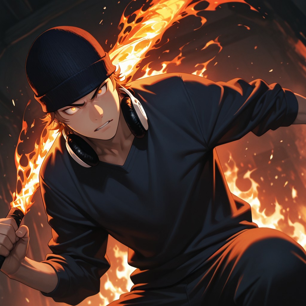 masterpiece, best quality, amazing quality, absurdres, newest, detailed background, definition so sharp, Ultra-HD, 8K cinematic, very awa, impressionate, amazing quality, highres, 
solo, male focus, manly, 
1boy, short hair, beanie, headphone around neck, misaki_orange hair, misaki_brown eyes, misakiyata, holding bat, flames \(effect\), glowing eyes, low angle, dramatic lighting, intense, passionate, dynamic, youthful strength, striking a pose, determined expression,