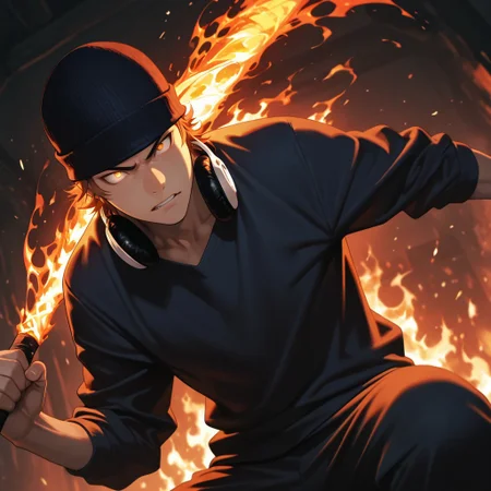 masterpiece, best quality, amazing quality, absurdres, newest, detailed background, definition so sharp, Ultra-HD, 8K cinematic, very awa, impressionate, amazing quality, highres, 
solo, male focus, manly, 
1boy, short hair, beanie, headphone around neck, misaki_orange hair, misaki_brown eyes, misakiyata, holding bat, flames \(effect\), glowing eyes, low angle, dramatic lighting, intense, passionate, dynamic, youthful strength, striking a pose, determined expression,
