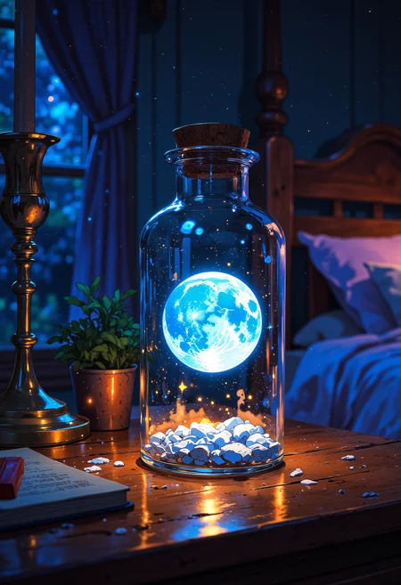 A close-up shot of a delicate glass bottle with a cork stopper, sitting on a bedside nightstand, positioned on the right side of a bed. Inside, a miniature glowing moon floats weightlessly, casting soft silver-blue and golden light across the smooth wooden surface. The glow reflects off the glass, refracting light in soft, dreamy patterns. Tiny magical embers of neon pink and cyan swirl gently around the bottle, suspended in the air like enchanted dust. In the background, a soft bokeh blur of deep indigo and violet reveals only the faintest impression of a bed, with an indistinct shape of a sleeping figure facing away, wrapped in a cozy blanket. The focus remains entirely on the bottled moon, its otherworldly glow dominating the frame in a magical, Disney-like ambiance.