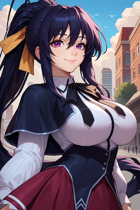score_9, score_8_up, score_7_up, score_6_up, source_anime, 1girl, solo, <lora:akenohimejima-pdxl-nvwls-v1-000005:1> dxdAH, black hair, ponytail, very long hair, purple eyes, hair ribbon, neck ribbon, black capelet, white shirt, long sleeves, black uniform, red skirt, pleated skirt, big breasts, looking at you, smile, happy, blue sky, clouds, city, upper body, closed mouth