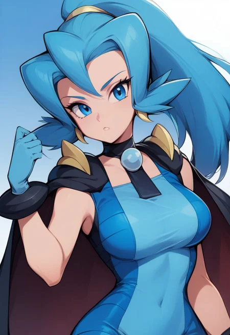 score_9, score_8_up, score_8, medium breasts, (curvy), cute, eyelashes,
zzClair, solo, 1girl, long hair, blue hair, blue eyes, ponytail, blue bodysuit, black cape, blue gloves,
, zPDXL, p4st3lg0r3