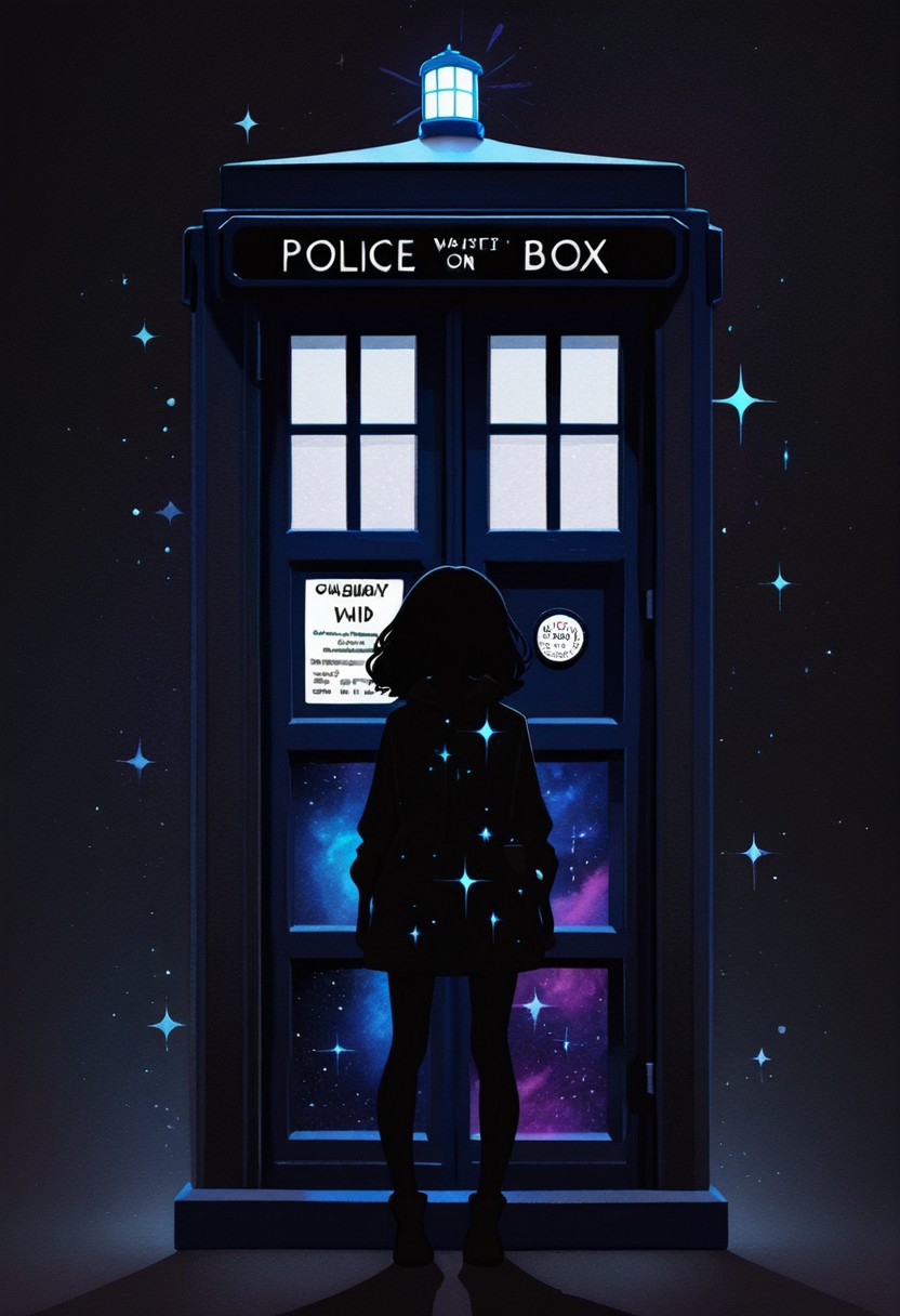 masterpiece, best quality, simple illustration, man, facing away from viewer standing in front of tardis,  silhouette, full body, solo, dark background, sparkles, vivid colors,happy, no_outlines,no lineart, t4kar4i_illu, inner_galaxy, galaxy on silhouette,
