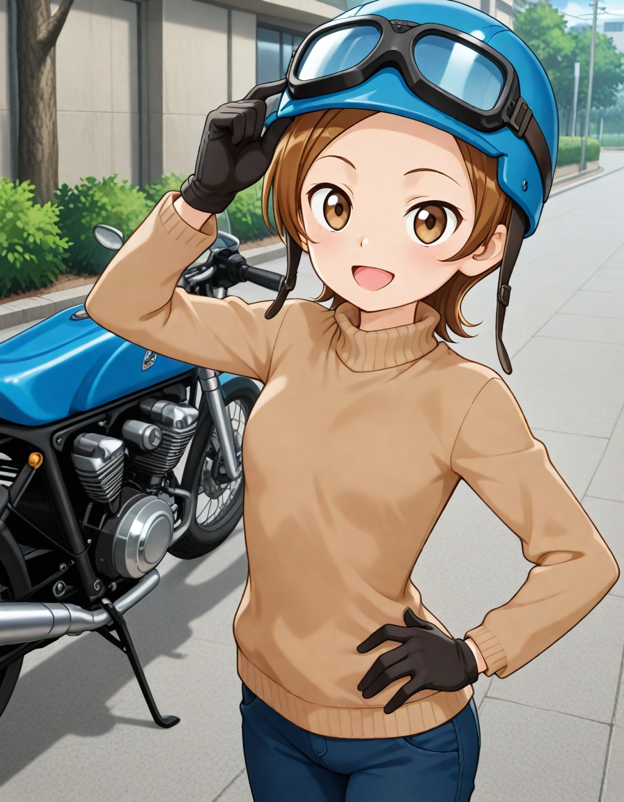 masterpiece,best quality,absurdres,official art,official style,source_anime,anime screencap,anime coloring,
<lora:Hyper-SDXL-8steps-lora:1>,
<lora:kyouhontan_IL:0.8>,kyouhontan, 1girl, solo, gloves, brown hair,short hair,  black gloves, brown eyes, smile, blue headwear, looking at viewer, outdoors, blue pants, long sleeves, brown sweater,  hand on own hip, cowboy shot, helmet, goggles on headwear,standing, hat,  open mouth, jeans, forehead, motorcycle,