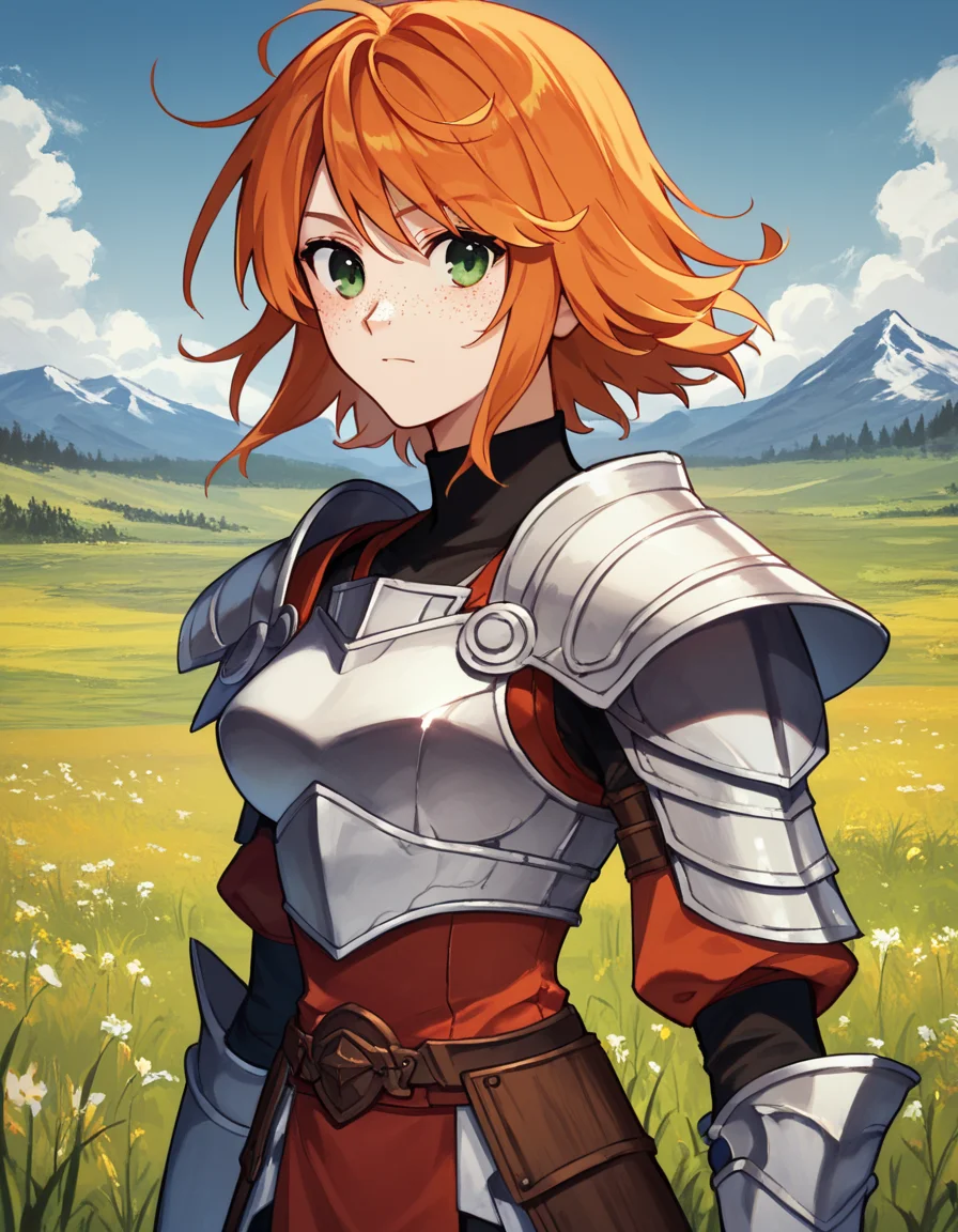 score_9, score_8_up, score_7_up, (fumio), adult woman, 1girl, armor, skirt, freckles, orange hair, medium hair, green eyes, field, mountains, <lora:1_xl_fumio_13e:.85>