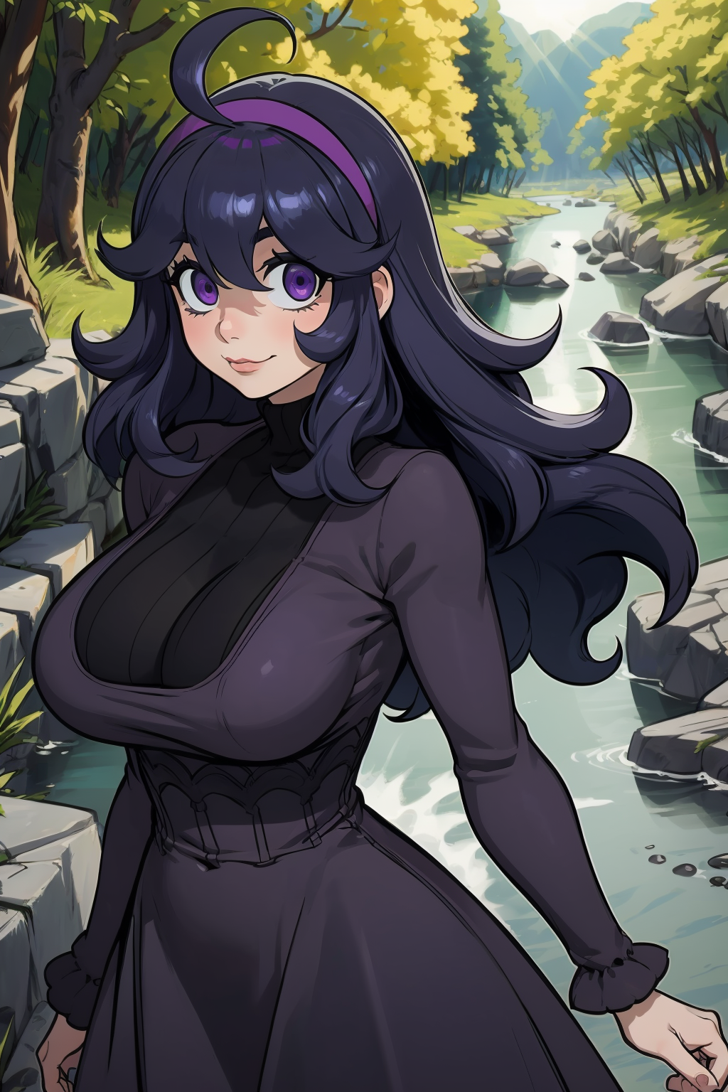 1girl, (solo:1.2), (looking at viewer:1.5), (upper body:1.5), (walking:1.2), (cowboy shot:1.5), (masterpiece:1.3), (best quality:1.3), (perfect anatomy:1.4), highly detailed, (secluded river scenery:1.2), (sunlight through trees:1.3), daylight,natural rock formations, nature,, <lora:Hex Maniac [h_madoka - v1.0]:0.7> aahex, hex maniac \(pokemon\), long hair, ahoge, purple hairband, purple eyes, @_@, huge breasts, long dress, black dress, long sleeves, <lora:Nia4294 [MockAi - v1.0]:1> nia4294, (sketchy artstyle:1.3), vibrant colors, (simplified shading:1.2), saturated hues, film grain