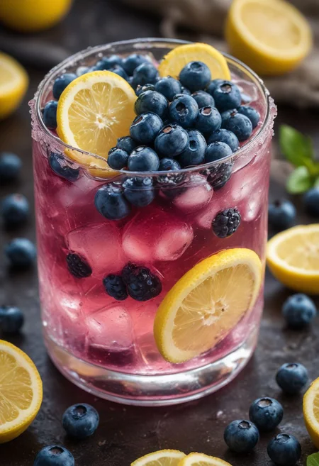 RAW photo, blueberry lemon soda, hot summer day, food photo, DSLR, fresh blueberries and lemon slices garnish, soft lighting, high quality, film grain, Fujifilm XT