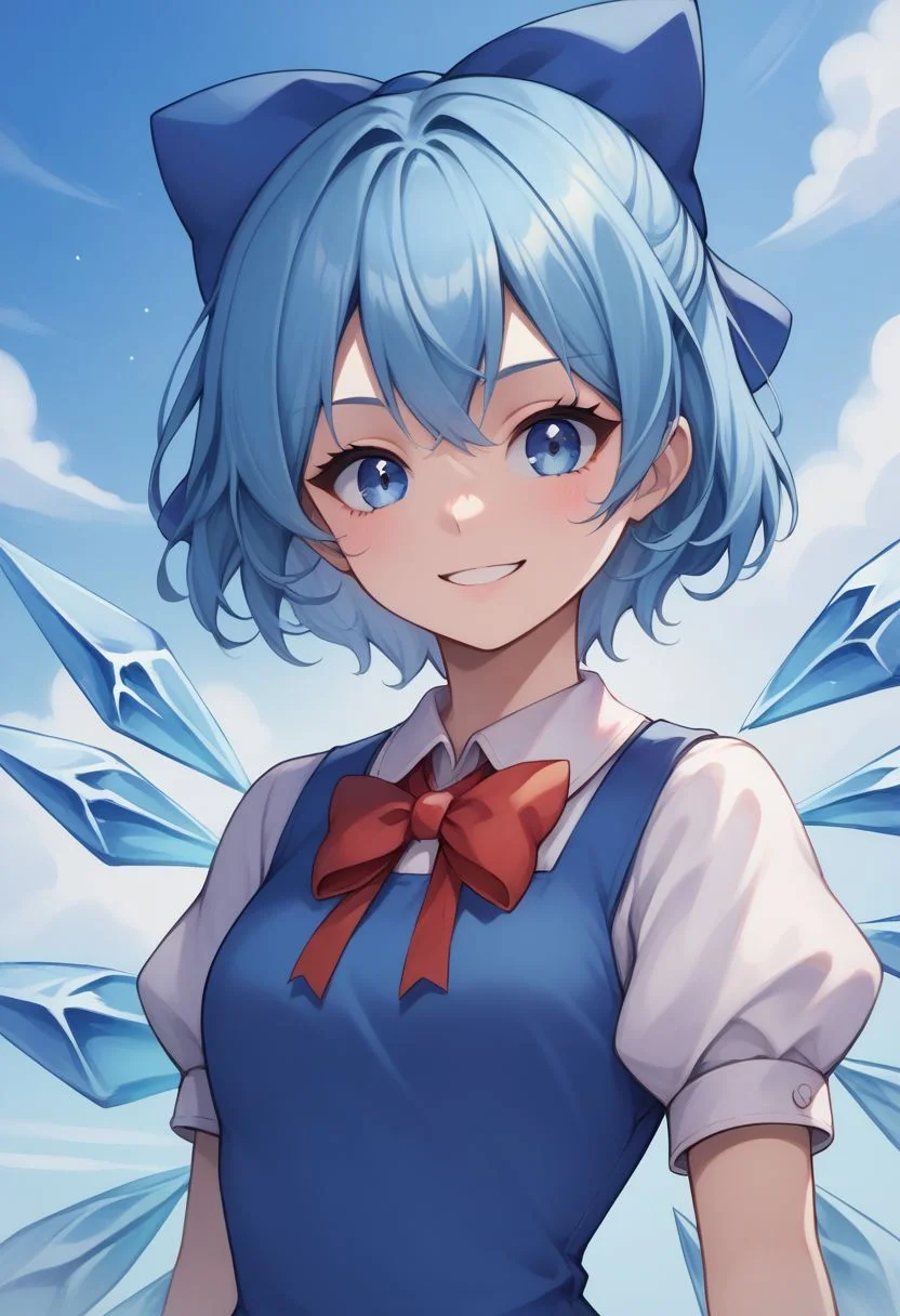 score_9, score_8_up, source_anime, highly detailed,
cirno, 1girl, solo, wings, blue eyes, dress, bow, ice wings, blue hair, ice, blue dress, short sleeves, blue bow, short hair, hair bow, puffy sleeves, red ribbon, upper body, smile,
outdoor,