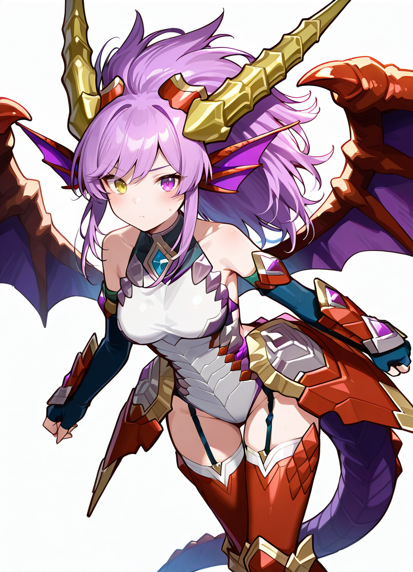 HDA_MasterpieceXL_v1.2,  <lora:Sonia_-_Puzzles__Dragons:1> soniapyd, 1girl, head fins, bare shoulders, dragon_girl, dragon_horns, dragon_tail, dragon_wings, armored gloves, fingerless_gloves, heterochromia, large horns, armored leotard, medium breasts, long hair, purple hair, purple wings, red thighhighs, armored boots with claws, garter straps,