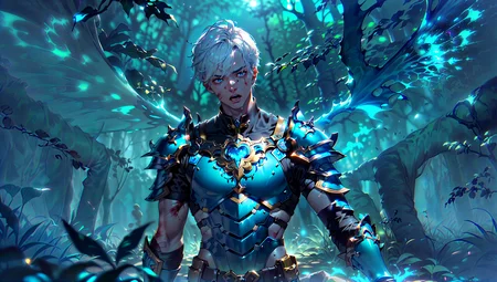(extremely detailed:1.3), (masterpiece:1.3), sfw, Aerial view, (a magic portal to a fantasy world:1.3), ((solo, masterpiece, highly detailed, volumetric lighting)), ((1boy, an image of a man:1.4), (male fae:1.3)), buff body, (a visible beam of magic light emanating from chest:1.3), (light skin:1.3), (white hair:1.3), (short clean-shaven hair, detailed beautiful opulent eyes, Exact mouth, In-depth nose, detailed hands, detailed fingers:1.3), (agonized arched pose, wounded:1.4) (scared shocked expression:1.3), (blue transparent wings:1.3), (wearing fresh Mocha and Electric Blue fantasy berserker armor made of rags and brass adorned with silver:1.3), (temperate deciduous forest landscape with space:1.3), illustration, (depth of field:1.1), Precise illumination, Step-by-step shadows, front lighting, motion blur, (nighttime, night, dim lighting, dark atmosphere, daylight:-0.6, sunlight:-.6:1.3), sharp focus, ((best quality)) <lora:add_detail:.25> <lora:JW:.25>