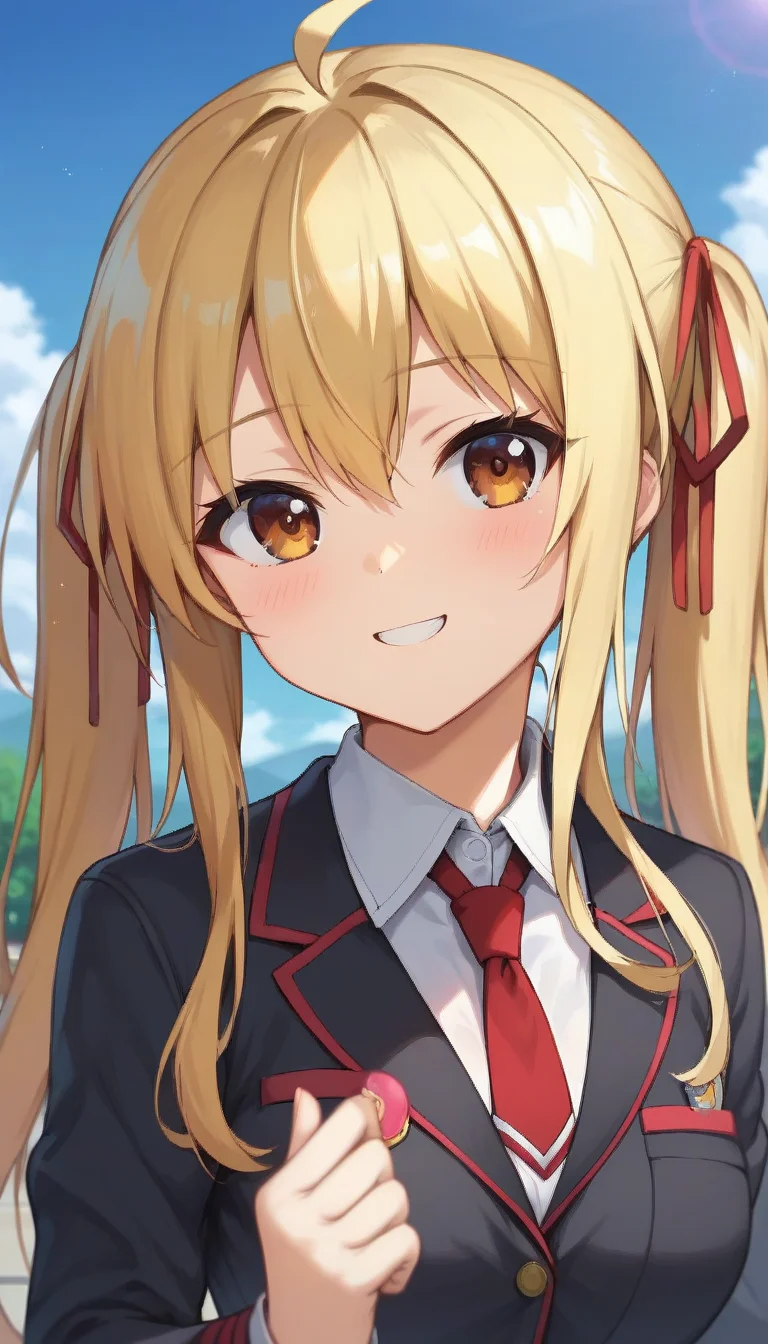 score_9,score_8_up,score_7_up,score_6_up BREAK official art,solo,outdoors,upper body,(portrait:1.5),looking at viewer,facing viewer,smile,blush,Makino Fuyu,ahoge,long hair,blonde hair,twintails,hair ribbon,red ribbon,hair between eyes,bangs,brown eyes,school uniform,black jacket,blazer,collared shirt,white shirt,red necktie,medium breasts,skindentation,long sleeves,black skirt,pleated skirt,zettai ryouiki,black thighhighs,loafers,<lora:Makino Fuyu(oc2)-Pony:1.4>,