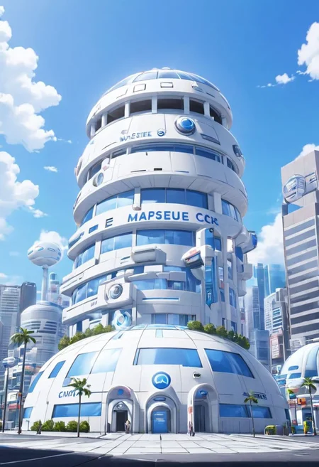 Create a Capsule corp build in City ,masterpiece, 8k, highly quality