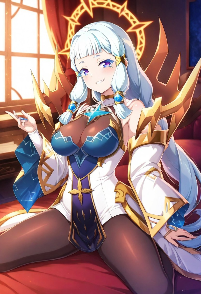 (masterpiece) ,best quality,amazing quality,very aesthetic,absurdres,newest, anime style, BREAK Astromancer_Elena, bedroom, only pantyhose, white t-shirt, smug