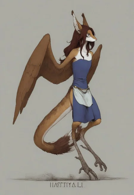 [creature name: Palagiri]
1 person, harpy, ((no arms, wings only)):1.6, androgynous, flat chest, no breasts, anthro, ((long hair)), ((long toes, nimble toes, handfeet)):1.4,, dynamic pose, gliding, coming in for a landing, fully clothed, pelvic curtain skirt, feline features, feline nose, feline ears, ((thick tail, tapering tail, feather tipped tail)), harpy:1.2, large wings, digitigrade legs, rating: safe