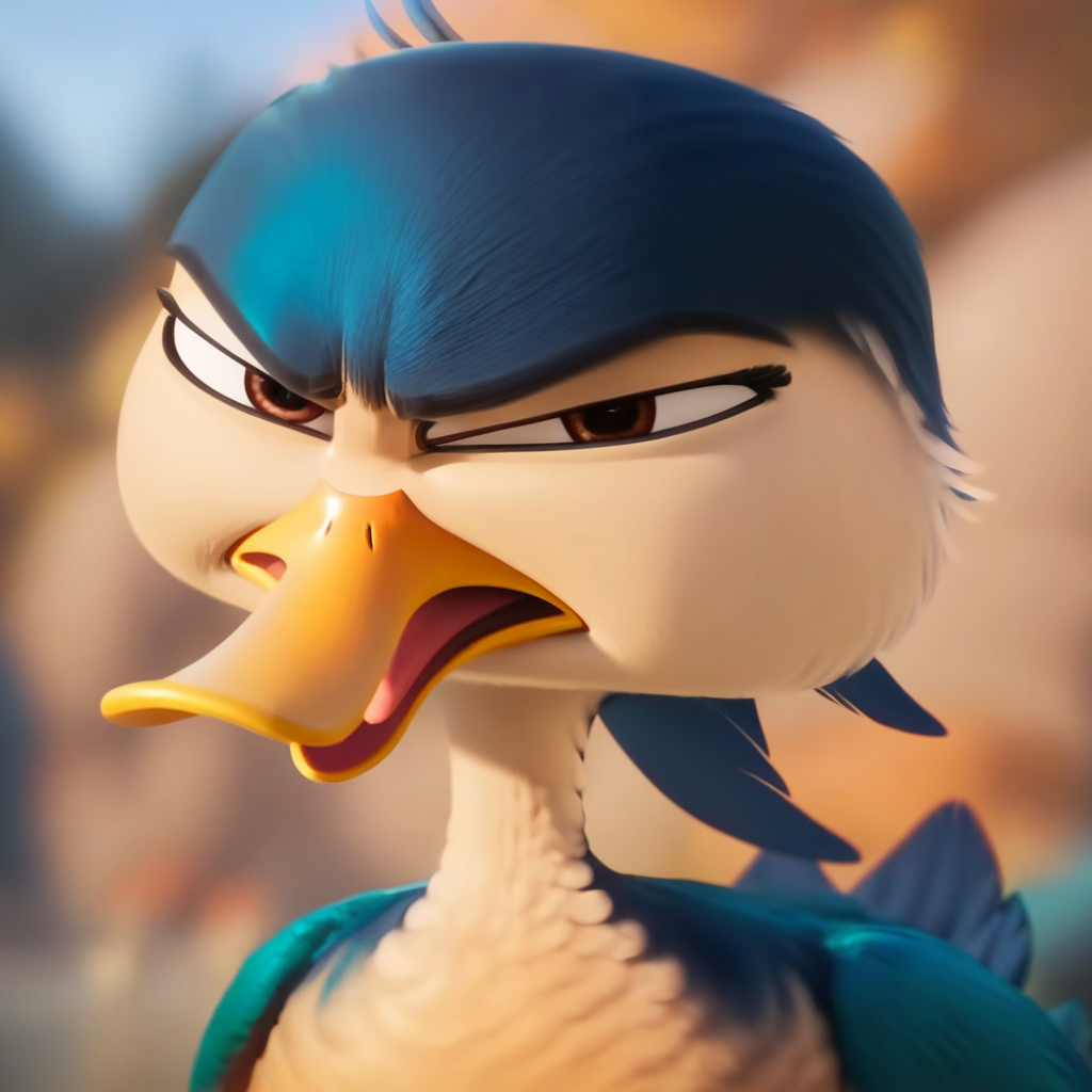 score_9, score_8_up, score_7_up, masterpiece, best quality, highly detailed, realistic, KimMG, 1girl, solo, furry, feral, furry female, avian, duck, brown eyes, black pupils, yellow beak, blue body, white body, feathers, close-up, upper body, angry, disgusted look, open mouth, tongue, narrowed eyes, looking at viewer, blue background, simple background