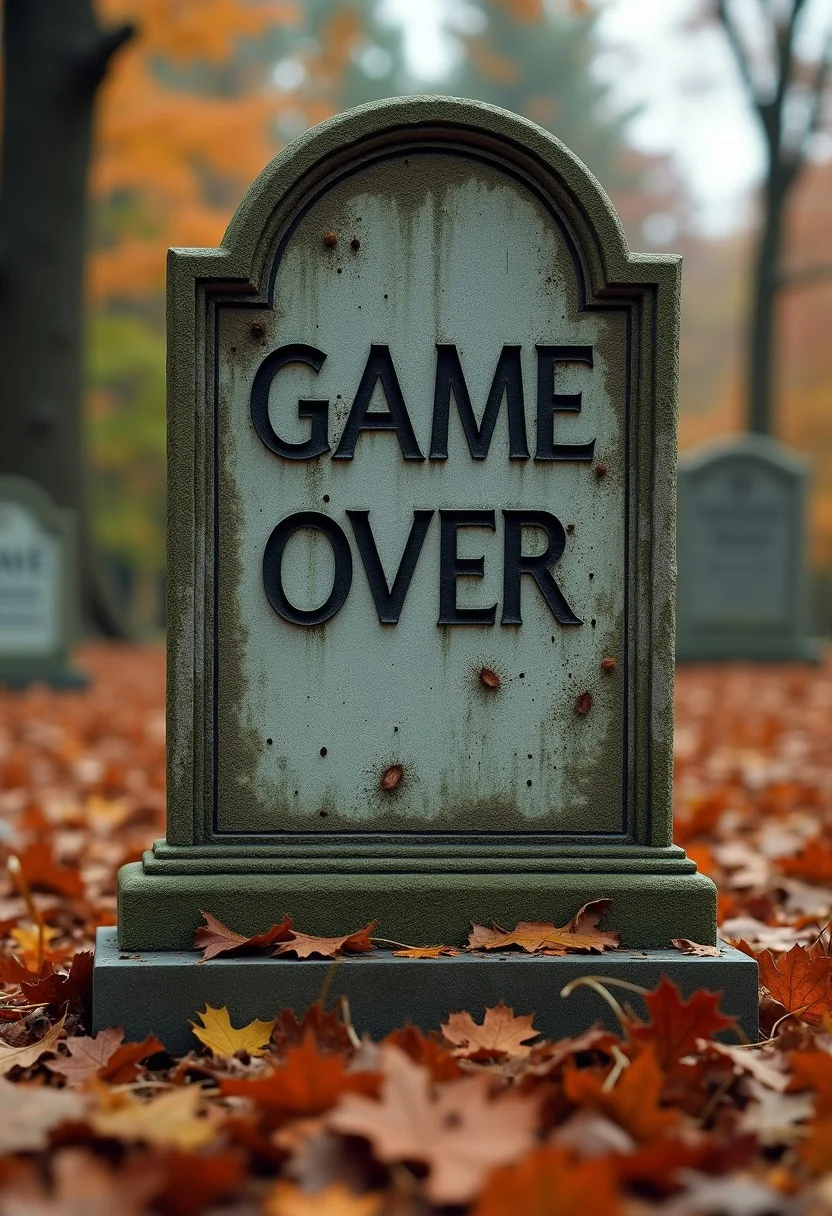 A gravestone with the text "Game Over" on it, autumn background, intricate details, photorealism, high quality