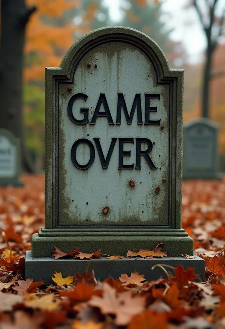 A gravestone with the text "Game Over" on it, autumn background, intricate details, photorealism, high quality
