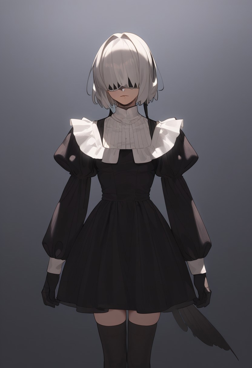 1girl, masterpiece, best quality, white blindfold, covered eyes, mole under mouth, clothing cutout, long sleeves, puffy sleeves, juliet sleeves, feather trim, black thighhighs, black gloves, black dress, black skirt,  <lora:Abbystea_Style_LoRA_XL:1>, abbystea style