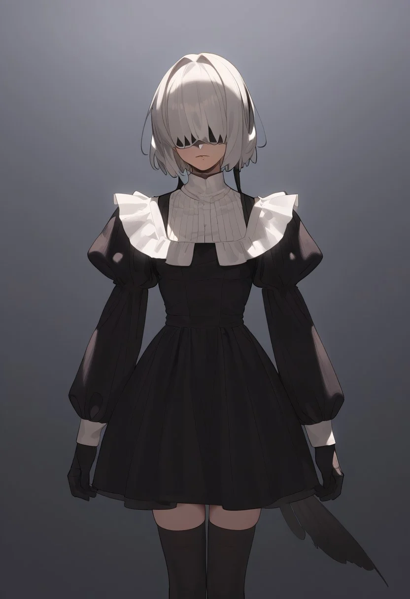 1girl, masterpiece, best quality, white blindfold, covered eyes, mole under mouth, clothing cutout, long sleeves, puffy sleeves, juliet sleeves, feather trim, black thighhighs, black gloves, black dress, black skirt, <lora:Abbystea_Style_LoRA_XL:1>, abbystea style