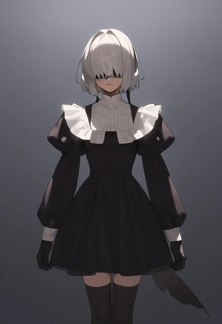 1girl, masterpiece, best quality, white blindfold, covered eyes, mole under mouth, clothing cutout, long sleeves, puffy sleeves, juliet sleeves, feather trim, black thighhighs, black gloves, black dress, black skirt, <lora:Abbystea_Style_LoRA_XL:1>, abbystea style