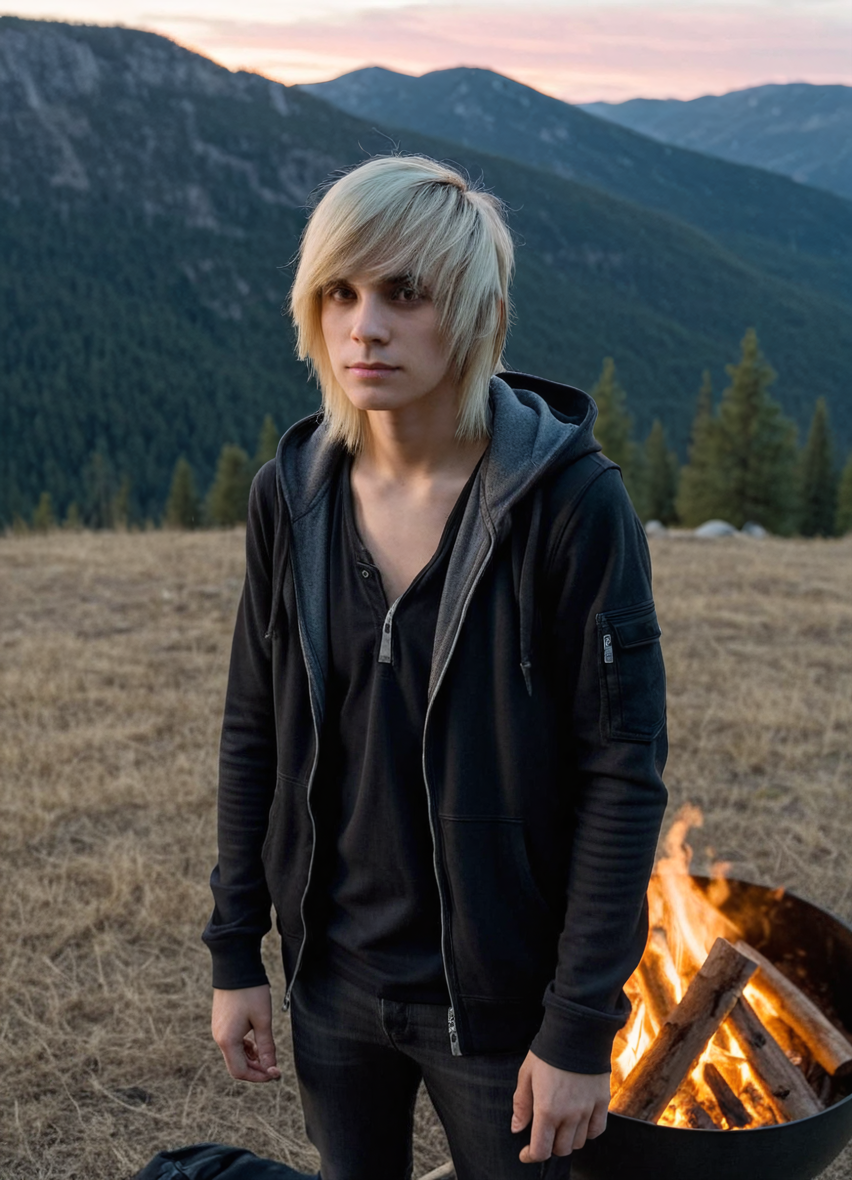 1boy, sceneboy, camping in the mountains at night, deep vneck shirt, black jeans, black unzipped hoodie jacket, hood up, swept bangs, long platinum blonde hair, brown eyes, chest tattoo, portrait, cinematic, shot on film, film grain, canon 35mm, moody lighting,sunset, dusk, golden hour, backlight, pink and orange clouds, bonfire in the background, 
 <lora:sceneboys-000007:1.0000000000000002>