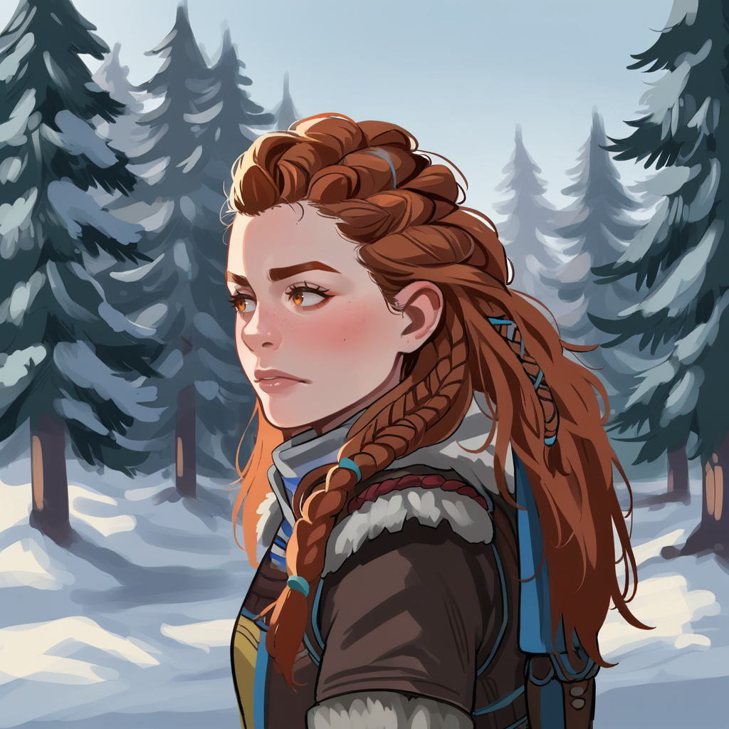 score_9, score_8_up, score_7_up, score_6_up, score_5_up, score_4_up, zPDXL2,source_anime,rating_questionable,   <lora:Pine_Forest:0.7> p1n3, outdoors,  forest, pine trees, snow, 1girl, cowboy shot, from side, looking away, Aloy from Horizon Zero Dawn