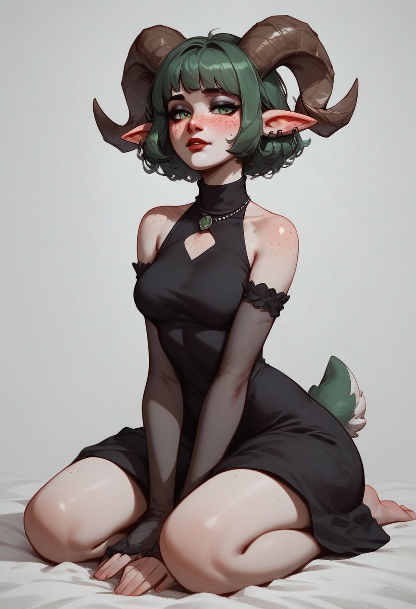 score_9, score_8_up, score_7_up, score_6_up, score_9, score_8_up, score_7_up, score_6_up, 1girl, sexy 1girl, solo, expressive, e-girl, dynamic, dark green hair, short hair, ornamental hair,  green eyes, pale skin girl, pale skin, freckles, turtleneck, bare shoulders, blush, elf ear, blood red necklace, looking_longingly, sheep horn, circled horn, big boobs, seductive, sexy_woman, full body, dress black, black dress, <lora:st4rdr3ssXLP:0.6> black dress, chest cutout, st4rdr3ss, goth, big green deer tail,   focus on face, perfect eyes,