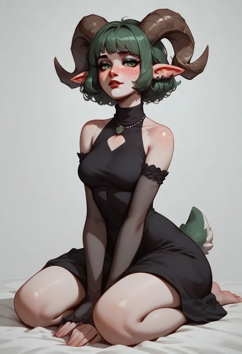 score_9, score_8_up, score_7_up, score_6_up, score_9, score_8_up, score_7_up, score_6_up, 1girl, sexy 1girl, solo, expressive, e-girl, dynamic, dark green hair, short hair, ornamental hair, green eyes, pale skin girl, pale skin, freckles, turtleneck, bare shoulders, blush, elf ear, blood red necklace, looking_longingly, sheep horn, circled horn, big boobs, seductive, sexy_woman, full body, dress black, black dress, <lora:st4rdr3ssXLP:0.6> black dress, chest cutout, st4rdr3ss, goth, big green deer tail, focus on face, perfect eyes,