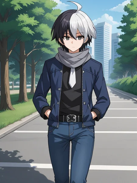 1boy, solo, sethuni, two-tone hair, multicolored hair, black hair, white hair, ahoge, black eyes, blue jacket, cropped jacket, open jacket, black shirt, white necktie, grey scarf, denim pants, outdoors, city, path, trees, walking, hands on pocket,