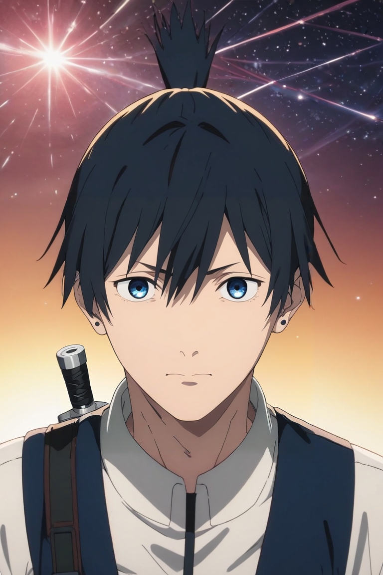 score_9, score_8_up, score_7_up, , rating_safe, , anime screencap, anime coloring, , looking at viewer, , 1boy, solo, male focus, <lora:aki_hayakawa_pony:0.8>, aki_hayakawa, black hair, blue eyes, bangs, hair between eyes, short hair, topknot, weapon on back, from afar, full body, space, stars, light, knees up, wavy mouth, closed mouth, , <lora:sdxl_lightning_8step_lora:1>