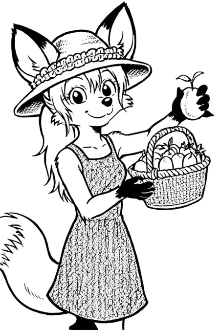 summer dress, summer hat, chamomile field, holding fruit basket, smiling, looking at viewer,
1girl, solo, dwarf, fox, black eyes, spiked tuft, hair tuft, ponytail, big hair, pointy nose, black nose, black paws, black and white, white background,
<lora:Millie_from_Ozy_and_Millie_90_style:0.9>