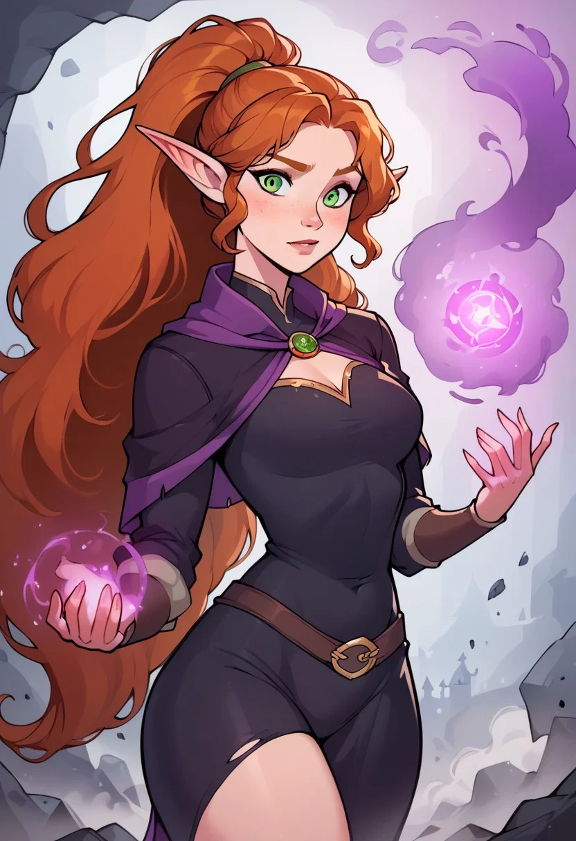 score_9, score_8_up, score_7_up, expressive , g0thicPXL,, (score_9, score_8_up, score_7_up), volumetric light, dungeons and dragons, ((one young elf woman, half hidden in darkness, coming out of the darkness, half in shadow, coming out of the shadow, a girl made of black smoke, bailing_darkness, looking at viewer, purple magic aura, wild elf woman, elven, pointed ears, short ears, small ears, curvy, large breast, wide hips)), One Woman, ((green eyes, high ponytail, very long ponytail, very long hair)), ((MeridaXLP/AnnaXLP)), ((black and purple clothes, (Black outfit, purple trim), adventurer outfit, traveler outfit, Wizard outfit, Rogue outfit, Bracer, Spell)),