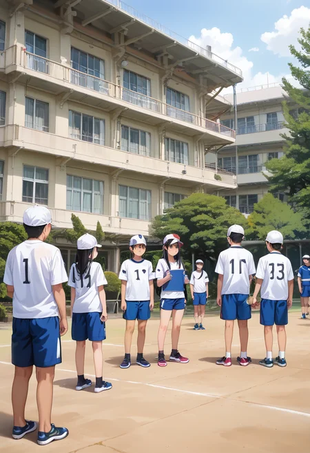 score_9, score_8_up, score_7_up, rating_safe, masterpiece, best quality, absurdres, unity 8k wallpaper, official art, official style, source_anime, uncensored, game cg, megami magazine,
tyoureidai, koutei, photo background, multiple boys, hat, outdoors, multiple girls, 6+boys, shorts, tree, long hair, sportswear, shirt, building, black hair, braid, day, black hair, scenery, white shirt
<lora:gakkou_ground_PONY_V1:1>