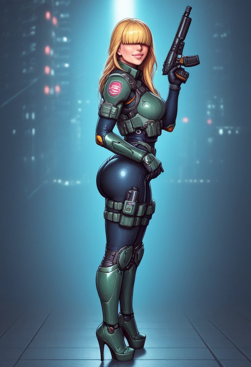 1girl, ((side view))), looking at viewer, highly detailed, from front, 1girl, skinny, looking at viewer, masterpiece, best quality,
raw, extremely detailed, hyperrealism, photo, perfect anatomy, <lora:grewishka_alita_pxl:1> source_photo, source_real, robot, cyborg, android, solo, looking at viewer, 1girl, full body, ((special force camo armor)), high heels, neon_lights, dynamic pose, pistols in hands
BREAK
fang smile, looking at viewer, long hair, ((blonde highlighting hair)), (((hair over eyes, front bangs))), long hair, dynamic pose
best quality, depth of field, bokeh, (((full clothed))), ((special force camo armor)),
BREAK
((((big futuristic gun in hands)))), (big futuristic pistol in hands:1.3), sc-fi soldier, dynamic pose, military camo armor
(((((rooftop, night city, neon lights))))) score_9, score_8_up, score_7_up, score_6_up, source_cartoon, rating_explicit, Expressiveh, (((((full body))))), dynamic pose