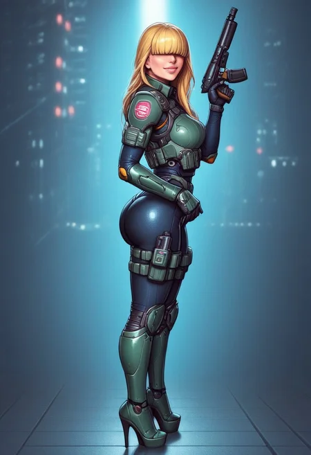 1girl, ((side view))), looking at viewer, highly detailed, from front, 1girl, skinny, looking at viewer, masterpiece, best quality,
raw, extremely detailed, hyperrealism, photo, perfect anatomy, <lora:grewishka_alita_pxl:1> source_photo, source_real, robot, cyborg, android, solo, looking at viewer, 1girl, full body, ((special force camo armor)), high heels, neon_lights, dynamic pose, pistols in hands
BREAK
fang smile, looking at viewer, long hair, ((blonde highlighting hair)), (((hair over eyes, front bangs))), long hair, dynamic pose
best quality, depth of field, bokeh, (((full clothed))), ((special force camo armor)),
BREAK
((((big futuristic gun in hands)))), (big futuristic pistol in hands:1.3), sc-fi soldier, dynamic pose, military camo armor
(((((rooftop, night city, neon lights))))) score_9, score_8_up, score_7_up, score_6_up, source_cartoon, rating_explicit, Expressiveh, (((((full body))))), dynamic pose