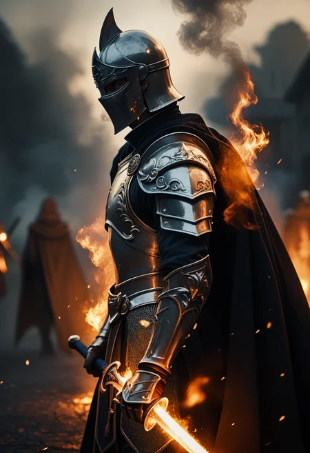 score_9, score_8_up, score_7_up, CINE, solo, 1boy, holding, standing, weapon, male focus, sword, cape, holding weapon, armor, from side, glowing, holding sword, helmet, fire, shoulder armor, gauntlets, 1other, smoke, pauldrons, breastplate, knight, full armor, ambiguous gender, glowing weapon, embers, helm,
dof, depth of field, realistic, blurry background,
<lora:CINE-000008:0.8>