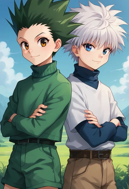 score_9, score_8_up, score_7_up, source_anime, highly detailed, 2boys
gonfreecs, 1boy, male focus, green hair, spiked hair, shorts, smile, upper body, brown eyes, belt, looking at viewer, jacket, green jacket,
killuazoldick, 1boy, male focus, shorts, white hair, blue eyes, shirt, long sleeves, layered sleeves, spiked hair, short over long sleeves, short hair, short sleeves, bangs, turtleneck, blue shirt, grey shirt,
outdoor, sky, smile, back-to-back, crossed arms, looking at viewer,