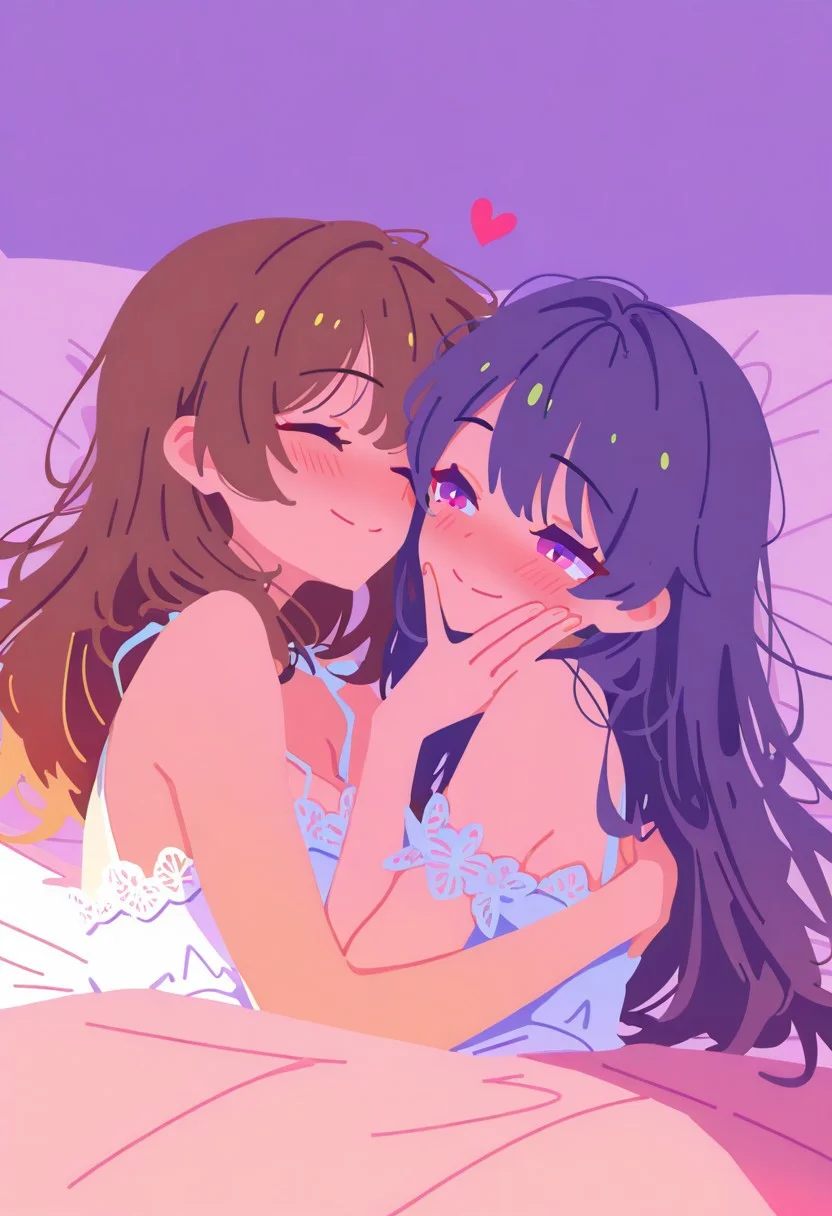 Masterpiece, high quality, ultra-detail, 8K resolution, sharp focus, 2d, (flat color, no lineart, Flatline, Flat vector illustration),
2girls,
Intimate moment, tender embrace, soft lighting, flowing silk, delicate hands, heartfelt gaze, cozy bedroom, cascading hair, gentle touch, emotional connection, warm ambiance, shared smile, lace details, serene expression, loving atmosphere