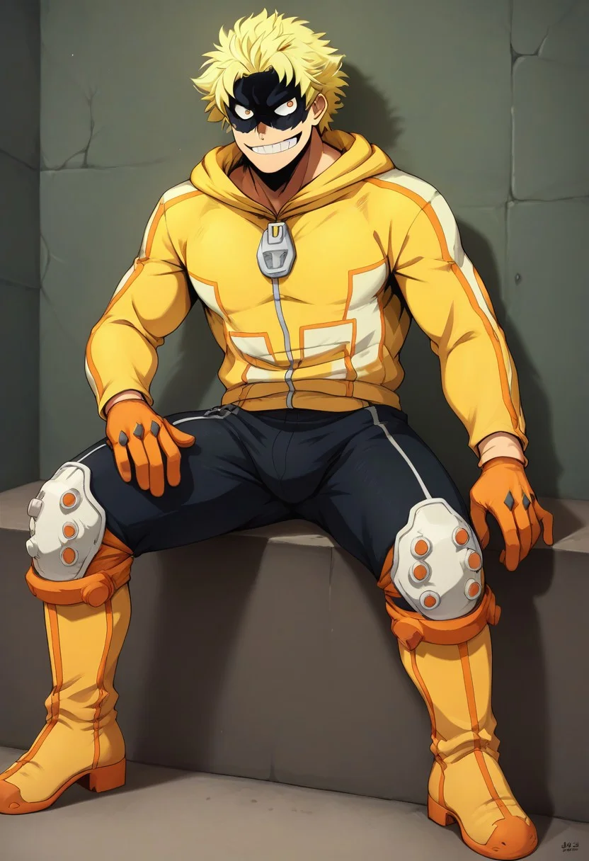 , score_9, score_8_up, score_7_up, masterpiece, , line art, anime,, detailed, <lora:Expressive_H:0.45> Expressiveh, , Taishiro_Toyomitsu, male, blond hair, mask, yellow jacket, track pants, knee pads, boots, gloves, smiling,