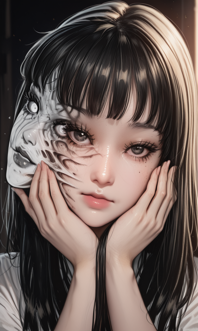1girl, tomi3, split face, mutated face, touching face, close-up, lips, eyelashes, eyes, dramatic lighting, dark lighting, contrast lighting, looking at viewer, embedding:IllustriousQual, embedding:Smooth Quality, 1girl, tomi3, split face, mutated face, touching face, close-up, lips, eyelashes, eyes, dramatic lighting, dark lighting, contrast lighting, looking at viewer, embedding:IllustriousQual, embedding:Smooth Quality,<lora:MoriiMee_Gothic_Niji_Style_Illustrious_r1.safetensors:0.2:0.2> <lora:tomi3.safetensors:1:1>